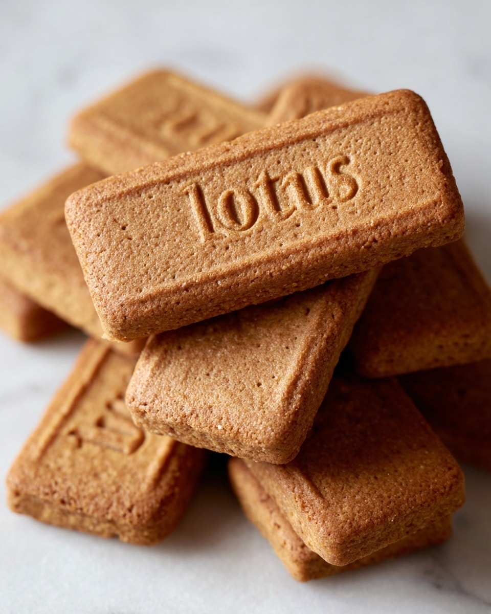 A close-up image showing a small pile of rectangular brown Lotus biscuits stacked unevenly, with the word