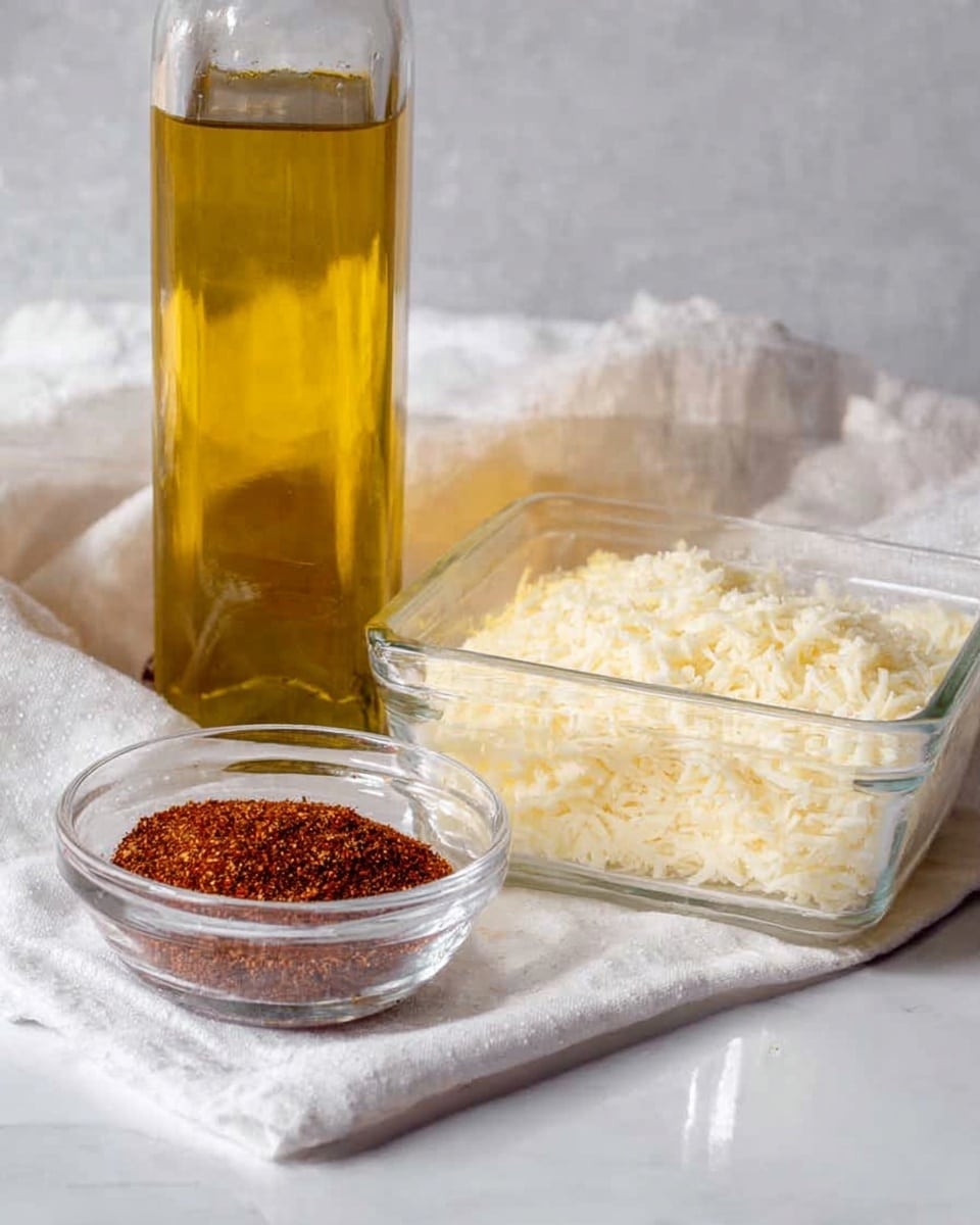 The image shows three clear glass containers with cooking ingredients placed on a white marbled surface. At the back left, there is a tall bottle filled with golden olive oil. In front of it, a small round glass bowl holds reddish-brown mixed spices. To the right, a larger square clear glass container is filled with finely grated white cheese. A white cloth is laid out in the front part of the composition. Photo taken with an iphone --ar 4:5 --v 7