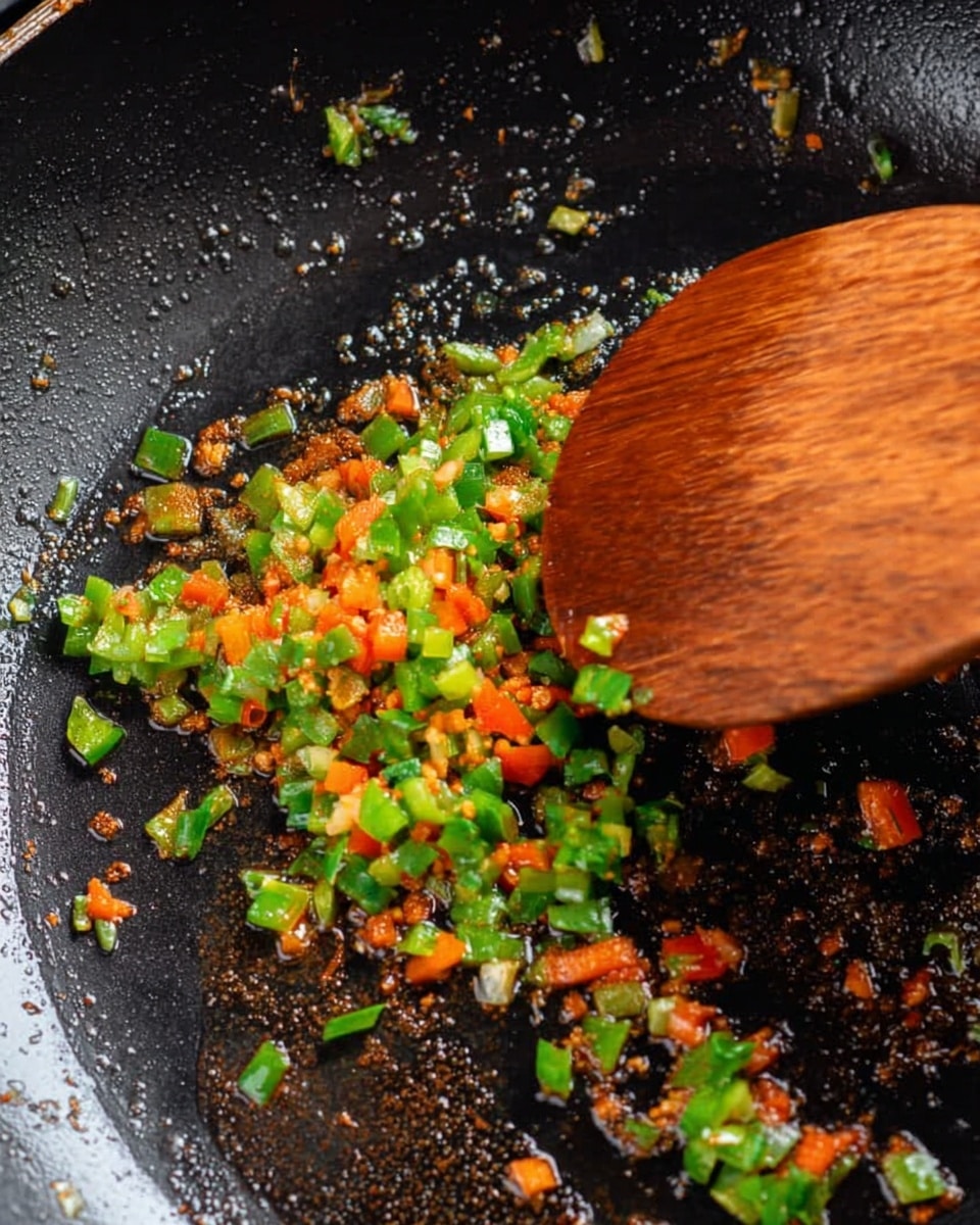 A close-up shows a dark black pan with a small amount of finely chopped vegetables being stirred. The mix includes bright green pieces of celery or peppers and small red-orange bits, likely carrots or peppers, scattered unevenly around the pan. A wooden spoon with a rich brown grainy texture is pushing the vegetables on the right side, its smooth round surface catching some light. The pan's black surface has small shiny spots and slight textures from cooking. Photo taken with an iphone --ar 4:5 --v 7