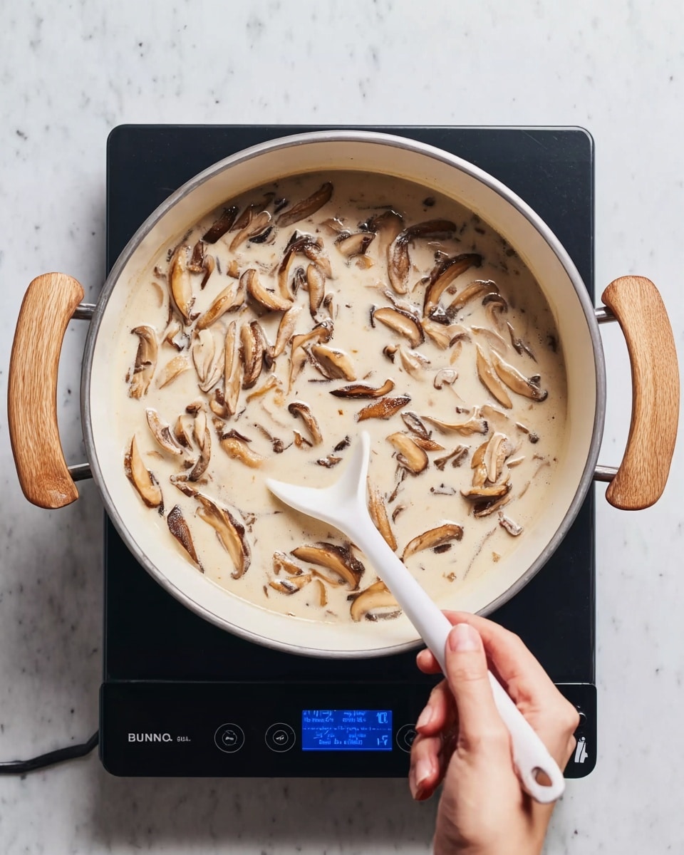 A round white pot with two wooden handles is on a black electric stove, placed on a white marbled surface. Inside the pot is a creamy, light beige liquid with many thin slices of brown mushrooms scattered evenly throughout. A woman's hand is holding a white spoon stirring the mixture gently from the right side of the pot. The mushrooms have a soft texture, and the sauce looks smooth and rich. The digital display on the stove glows blue. photo taken with an iphone --ar 4:5 --v 7