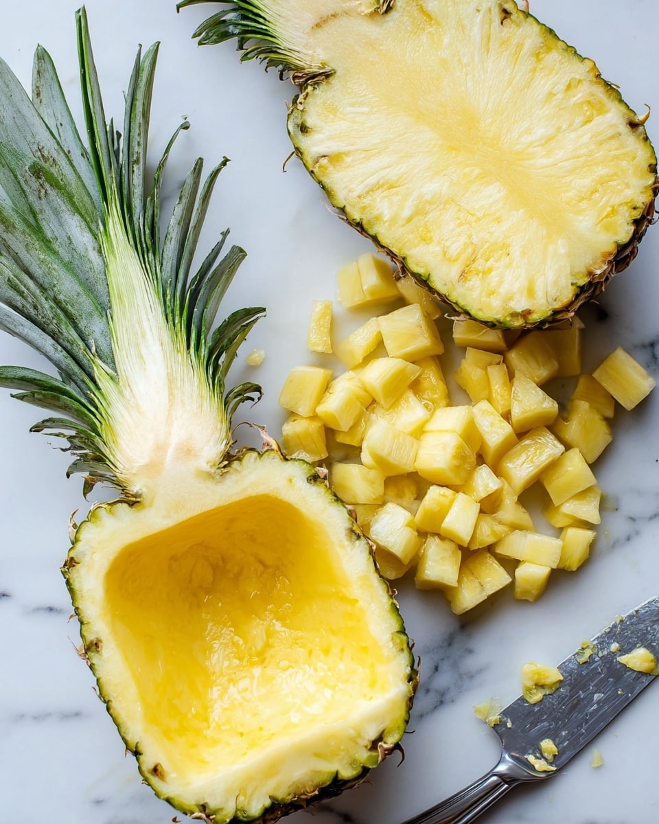 The image shows a pineapple divided into three main parts on a white marbled surface: the top half with the green leafy crown and some of the skin, the bottom half hollowed out with the juicy yellow flesh scooped and textured inside, and a pile of finely cut yellow pineapple cubes placed between the two halves. To the right of the cubes is a silver knife with bits of pineapple on its blade. The yellow tones of the pineapple flesh contrast with the green crown and the white marbled background, creating a fresh and bright scene. Photo taken with an iphone --ar 4:5 --v 7