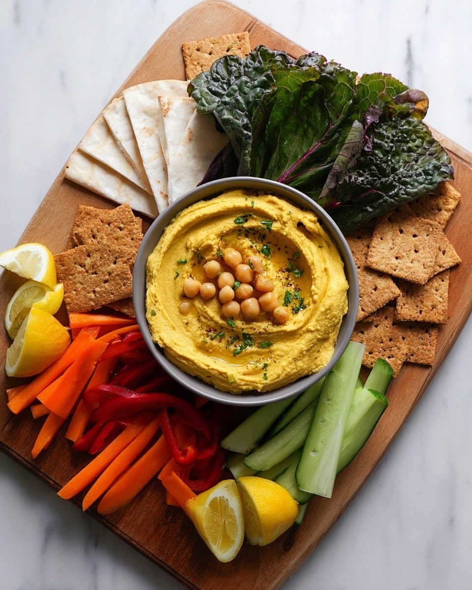 A round gray bowl is filled with thick yellow hummus that has a rough texture and a swirl on top. Seven whole chickpeas and some small green herbs are placed on the hummus. The bowl sits in the middle of a wooden board. Around it, there are white pita bread pieces to the top left and dark green leafy lettuce to the top right. To the bottom right, light brown crunchy crackers are spread out. Fresh sliced red bell peppers are at the bottom center, and long green cucumber sticks along with orange carrot sticks are at the left side. Two lemon wedges peek from under the vegetables. The whole arrangement rests on a white marbled surface. photo taken with an iphone --ar 4:5 --v 7