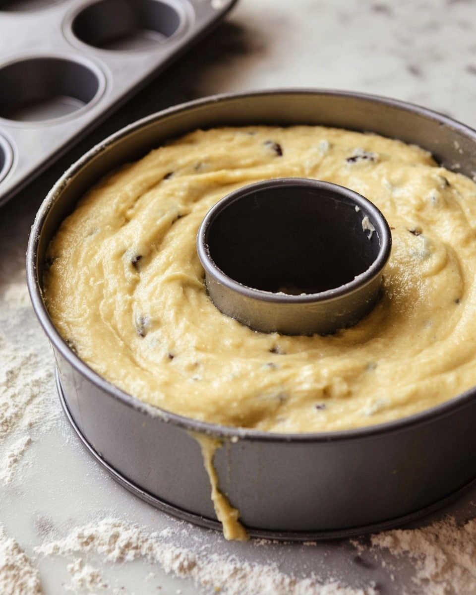 A close-up view of a thick, creamy batter with small dark chunks spread evenly inside a round metal bundt pan with a hollow center, sitting on a white marbled surface dusted with flour. The batter is light yellow with a smooth, slightly lumpy texture, filling the pan almost to the top, with some batter drips visible on the pan’s edges. Part of another metal baking tray with empty muffin cups is visible in the background. Photo taken with an iphone --ar 4:5 --v 7