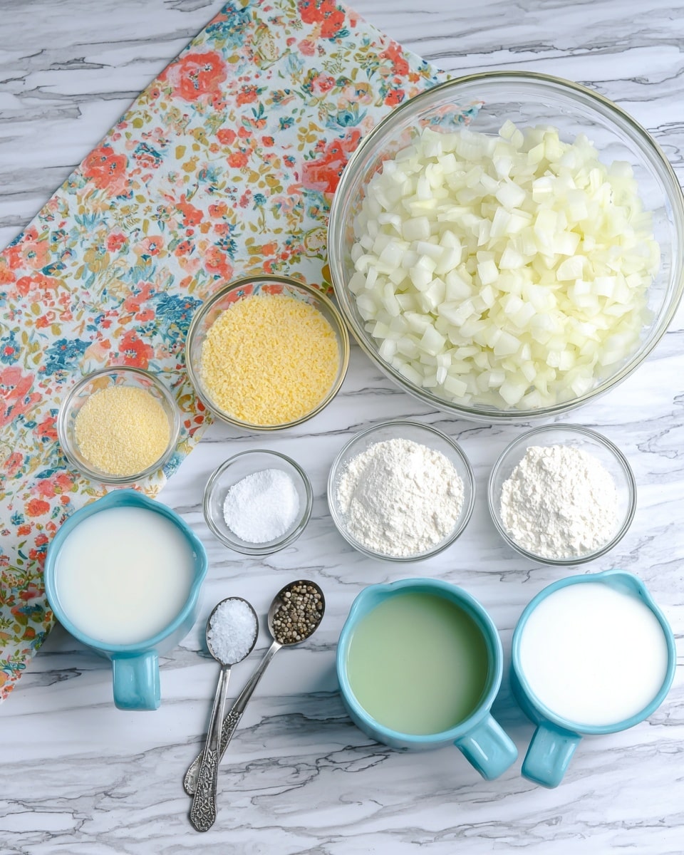 The image shows a white marbled surface with a colorful floral cloth near the top. On the cloth, there is a large clear glass bowl filled with chopped white onions. Surrounding the onions, there are small clear glass bowls containing yellow cornmeal, white granulated sugar, and white baking powder. In front of the cloth on the white marbled surface, there are three light blue measuring cups filled with white milk, white flour, and a light green liquid. In front of these cups, three small measuring spoons hold salt, black pepper, and white baking soda. Photo taken with an iphone --ar 4:5 --v 7
