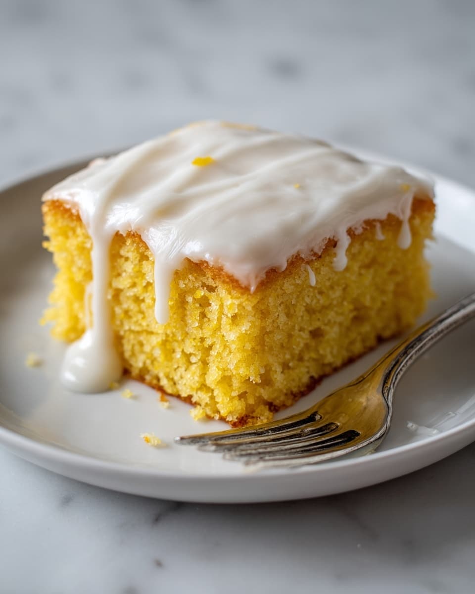 A single square piece of yellow cake with a soft, crumbly texture sits on a plain white plate. The cake is topped with a thick layer of smooth, creamy white icing that drips down the sides in slow streams. The plate is on a white marbled surface. To the right of the cake, a silver fork rests on the plate. photo taken with an iphone --ar 4:5 --v 7