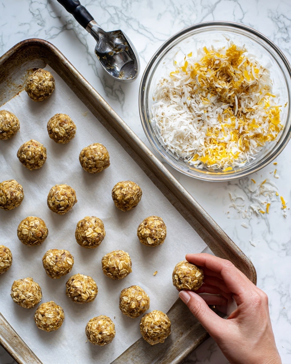 On a metal tray lined with white parchment, about fifteen small round mixture balls of light brown and textured with bits of oats or nuts are arranged in neat rows. On the top left corner, there is a clear glass bowl containing more of the mixture with a metal scoop and black handles resting inside it. On the top right, a woman's hand is holding one of the balls, dipping it into a clear glass bowl filled with white and yellowish shredded flakes, with some balls already coated and sitting next to the bowl. The background is a white marbled surface. photo taken with an iphone --ar 4:5 --v 7
