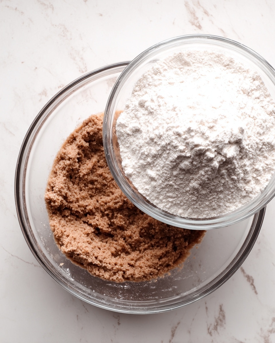 The image shows two clear glass bowls on a white marbled surface. The bowl on the bottom contains a thick, grainy, brown mixture with some texture, filling about half of the bowl. Resting on top of this bowl is a smaller clear glass bowl filled with a mound of fine, white flour. The contrast between the brown mixture and the white flour stands out clearly. No utensils or other items are visible in the scene. Photo taken with an iphone --ar 4:5 --v 7