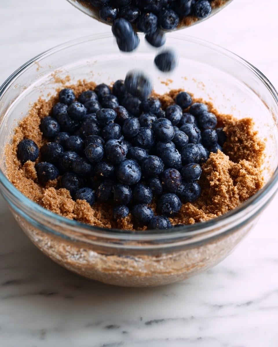 A clear glass bowl sits on a white marbled surface filled with a thick, rough-textured brown batter. On top of the batter, a large amount of fresh, round, dark blue blueberries is being poured in, some blueberries still falling from above. The batter looks dense and slightly grainy, tightly packed within the bowl. The clear bowl shows the mixture clearly through its sides and the scene is brightly lit, highlighting the vibrant blue of the berries against the rich brown batter photo taken with an iphone --ar 4:5 --v 7