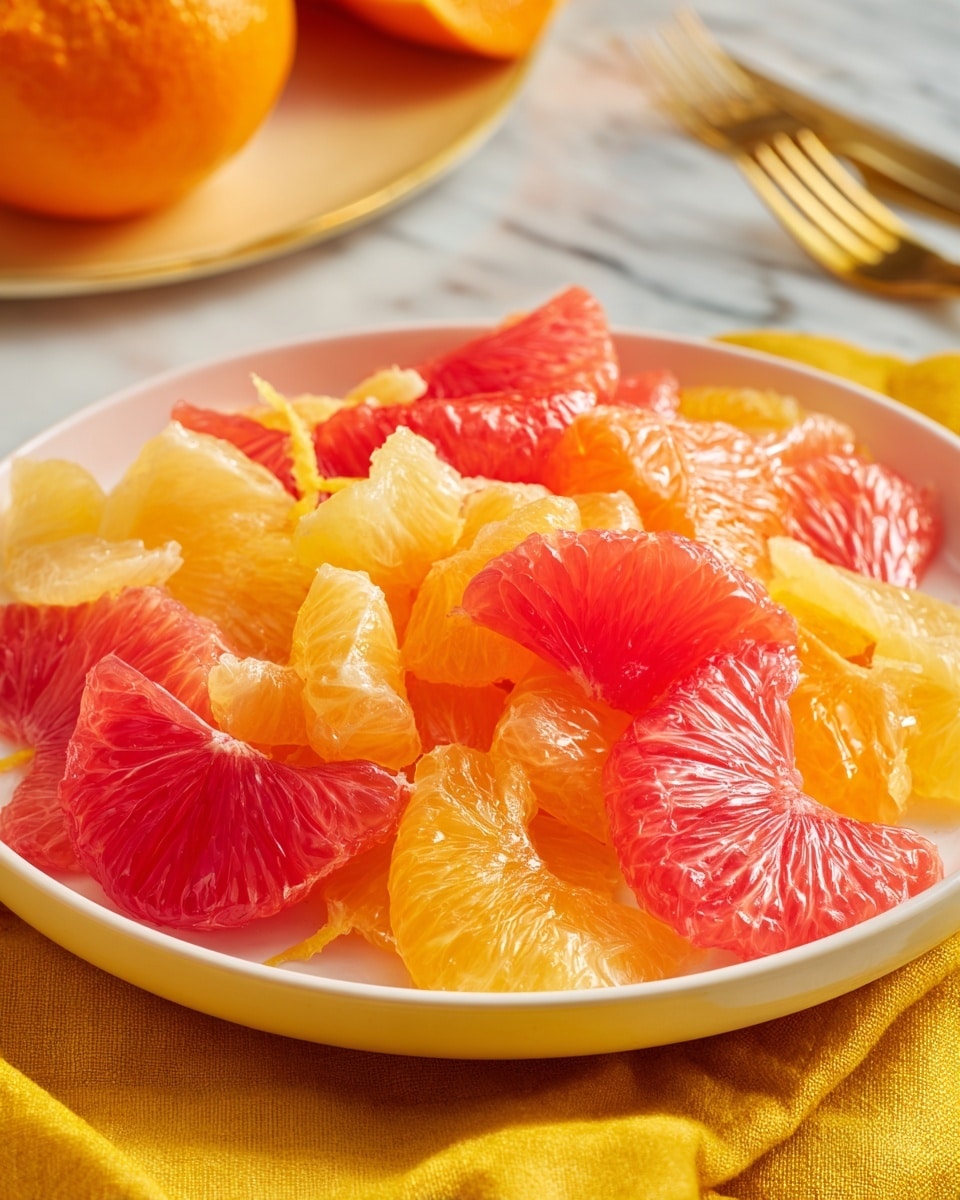 A white plate is filled with three visible layers of peeled citrus fruit segments. The bottom layer has pale yellow grapefruit pieces, the middle layer shows bright orange mandarin segments, and the top layer consists of pinkish-red grapefruit sections. The fruit pieces have a slightly shiny, juicy texture with some citrus peel curls scattered lightly on top. The plate rests on a yellow cloth with a white marbled surface and blurred cutlery and an orange fruit visible in the background. photo taken with an iphone --ar 4:5 --v 7