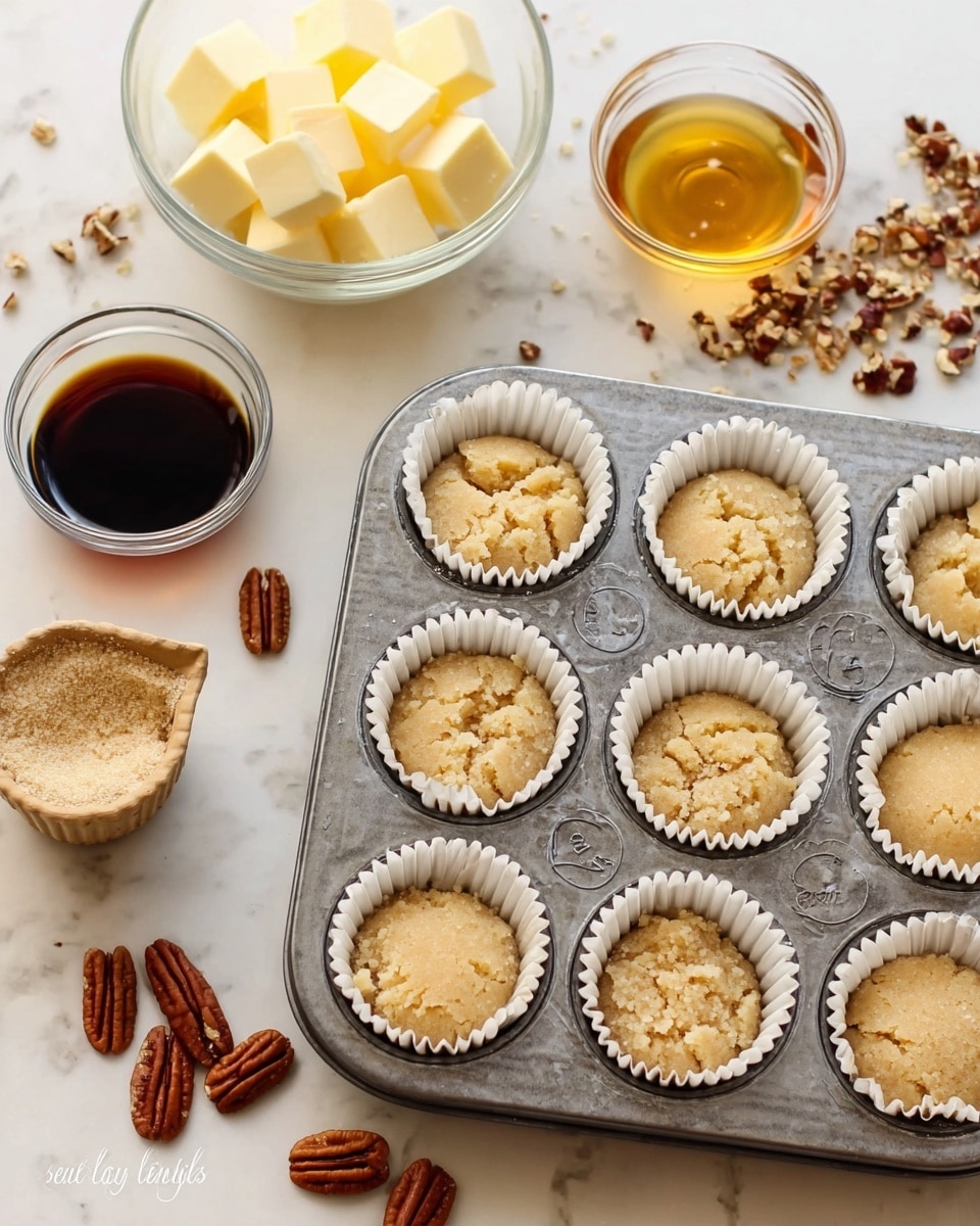 A metal muffin tray holds six cups lined with white paper liners, each filled with light beige cookie dough that has a soft, slightly rough texture. The tray sits on a white marbled surface scattered with pecan halves. Nearby there are clear glass bowls with different ingredients: one with soft yellow butter cubes, another filled with light golden syrup, a small bowl of dark brown vanilla extract, and a cup with light crushed crumbs. The overall scene shows the start of baking with simple, natural colors and ingredients carefully placed around the tray. photo taken with an iphone --ar 4:5 --v 7