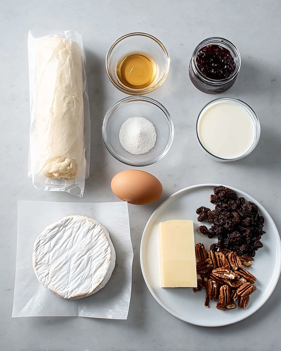 The image shows ingredients neatly arranged on a white marbled surface ready for baking. On the left, there is a block of rolled dough wrapped in parchment paper next to a round wheel of soft cheese with a white rind placed on a sheet of white parchment. To the right, three small clear glass bowls are stacked vertically, holding white granulated sugar, light brown sugar, and golden liquid honey respectively. In the upper right corner, a small dark jar of dark red jam stands behind a small clear bowl of cream or milk. On a white round plate to the far right, there is a rectangular block of butter, a single brown egg, a small pile of pecans, and a pile of dark dried fruit, all neatly separated. photo taken with an iphone --ar 4:5 --v 7