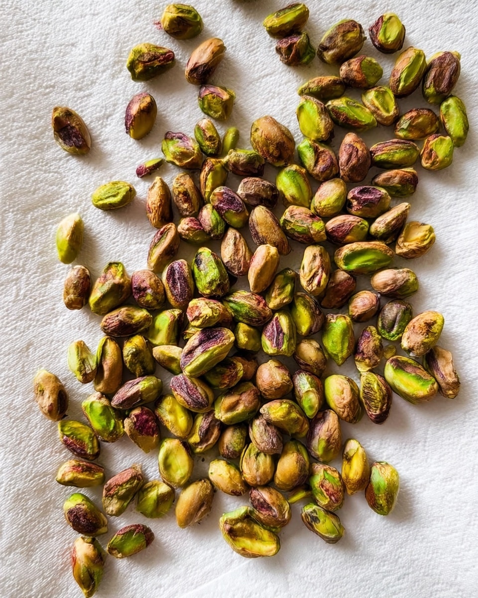 A close-up view of many shelled pistachio nuts spread out unevenly on a white textured paper towel, showing their natural green and brown colors with a slightly glossy look. The pistachios vary in size and shape, some more open than others, and are scattered loosely with no clear order on the white marbled textured surface beneath the paper towel. Photo taken with an iphone --ar 4:5 --v 7