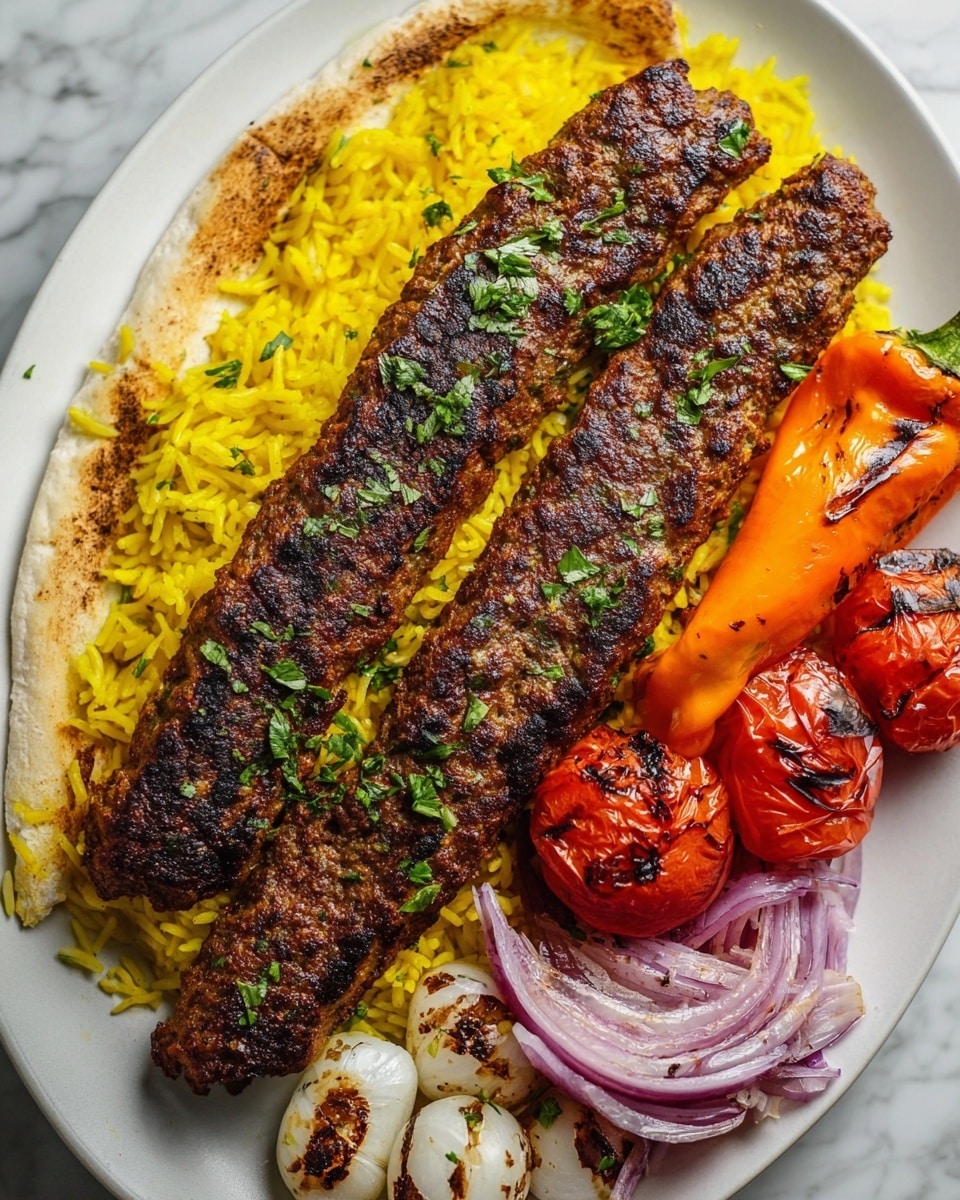 A white plate holds a layered dish starting with a base of fluffy yellow rice spread evenly. On top lie two long, grilled meat kebabs with a well-charred, textured surface, sprinkled lightly with chopped green herbs. To the right of the kebabs are grilled vegetables including a bright orange pepper and two red tomatoes, all with visible char marks that give a smoky look. Scattered near the vegetables are small grilled white onions with dark spots, and a pile of thinly sliced red onions. The plate is set on a white marbled surface. photo taken with an iphone --ar 4:5 --v 7