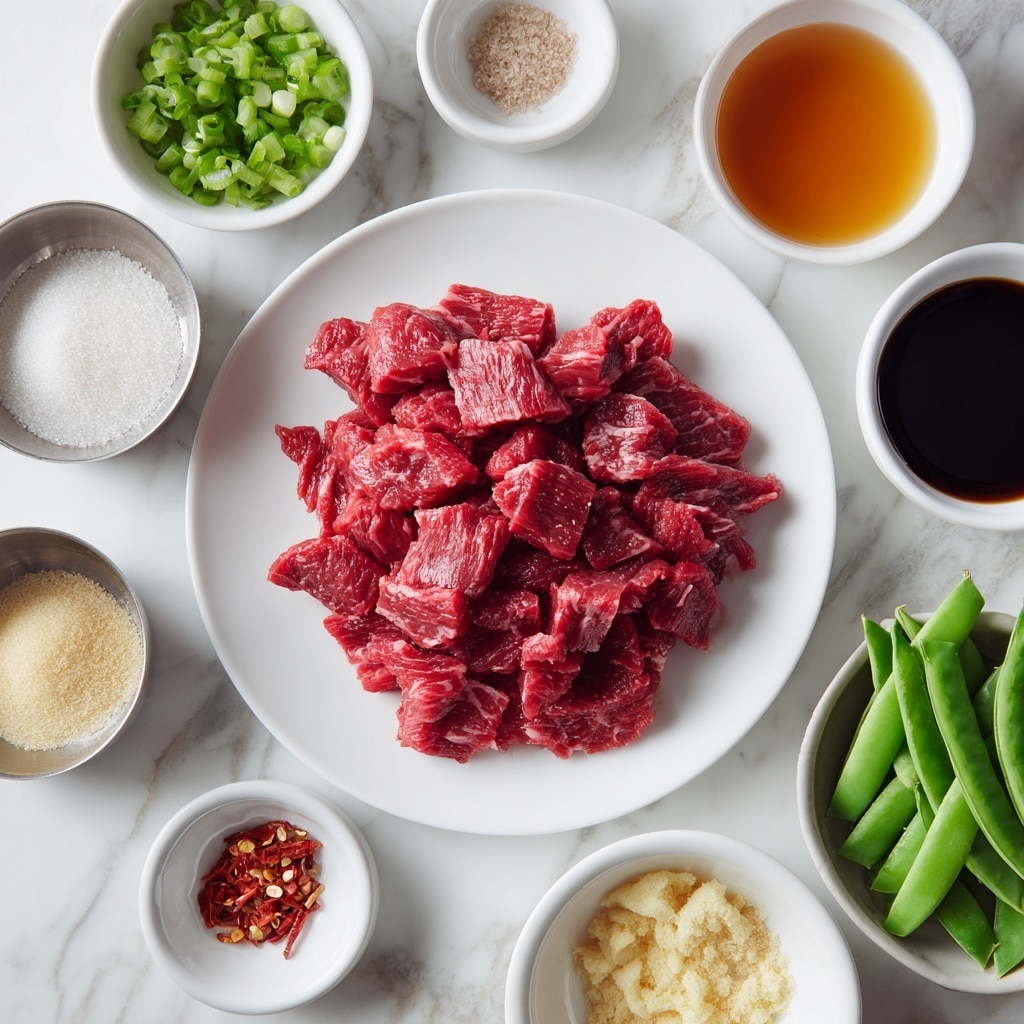 A white plate filled with small, thin slices of raw red beef arranged in a loose pile at the center. Surrounding the plate are small white bowls and metal cups containing various ingredients: at the top left, a white bowl with bright green chopped scallions; at the top right, a small white bowl with amber-colored liquid and another with dark soy sauce; near the bottom right, a white bowl with fresh green snap peas; nearby, small metal cups hold light brown sugar, white powder (likely cornstarch), pale yellow minced ginger, and some red chili flakes. All items are placed on a white marbled surface. photo taken with an iphone --ar 4:5 --v 7