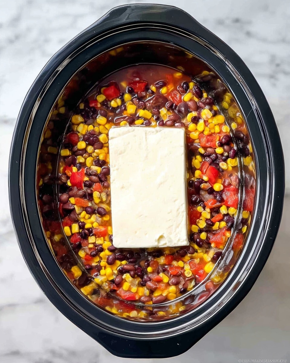 A black slow cooker filled with a colorful mix of black beans, bright yellow corn, and red diced tomatoes in light broth, with a large, rectangular block of white cream cheese sitting in the center on top. The slow cooker is placed on a white marbled surface, showing a clear, simple contrast between the glossy black of the cooker and the vibrant colors of the ingredients inside. The beans and corn are mixed evenly around the cream cheese block, creating a neat and vibrant layering. photo taken with an iphone --ar 4:5 --v 7