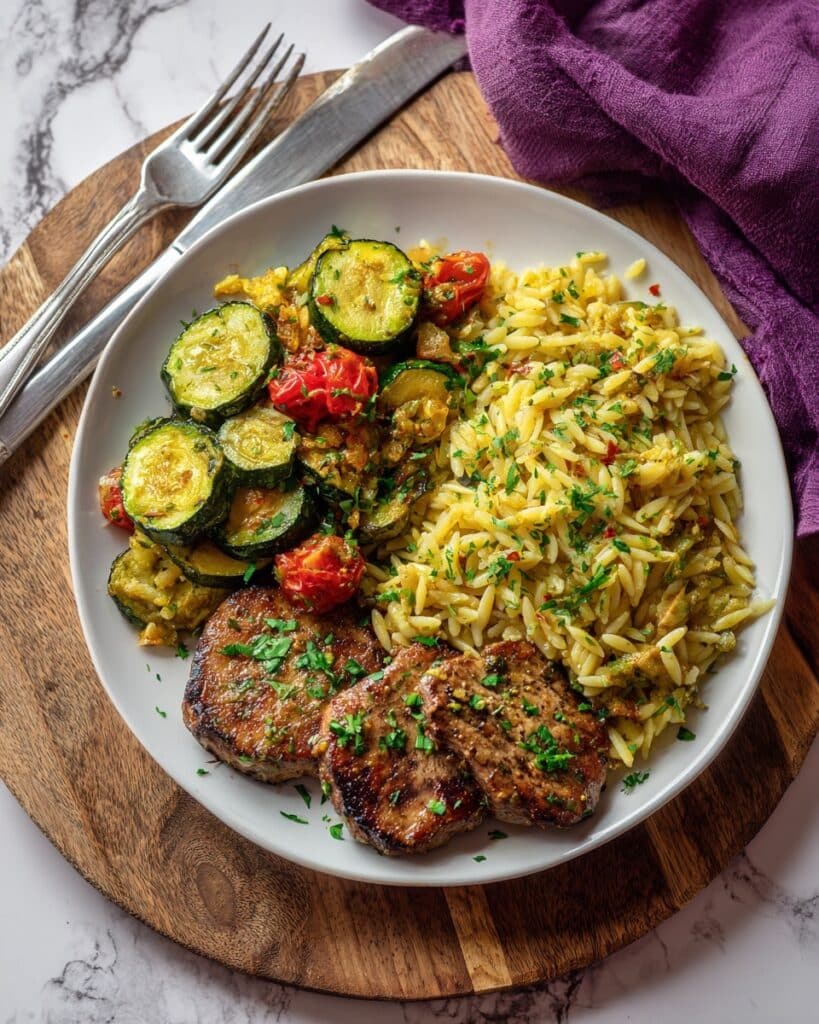 Winner Winner Chicken Orzo Dinner with Cheesy Roasted Zucchini and Tomato Recipe