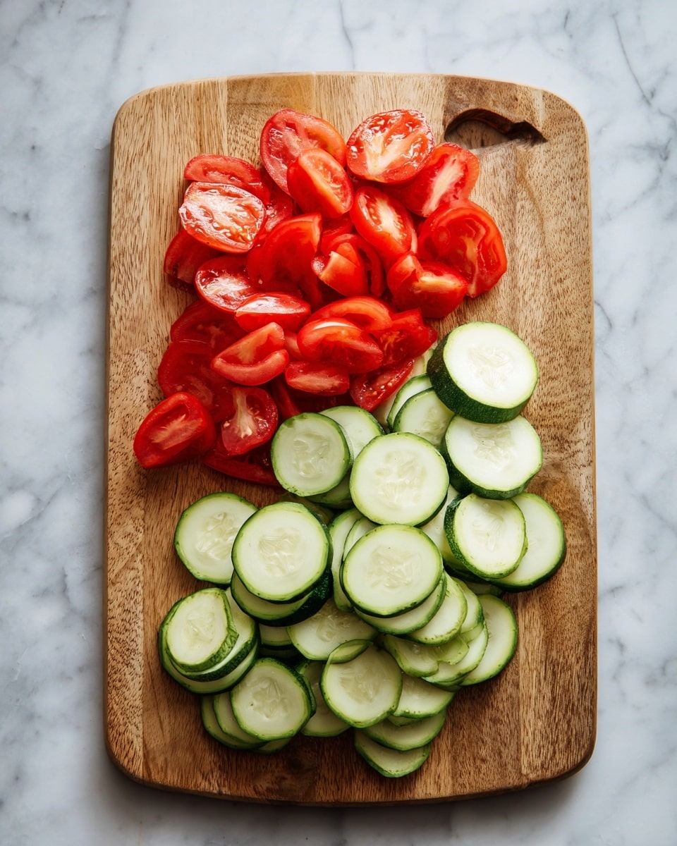 A wooden cutting board is placed on a white marbled surface. On the left side of the board, there are several slices of red tomato arranged in a small group. On the right side, there are many round slices of light green zucchini neatly spread out. The colors of the fresh vegetables stand out clearly against the warm brown tones of the wooden board and the bright white marbled surface. photo taken with an iphone --ar 4:5 --v 7