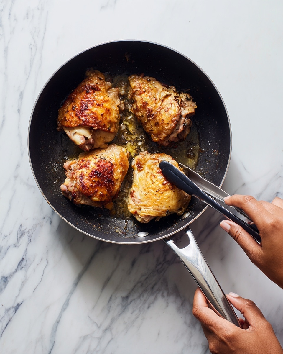 A black pan sits on a white marbled surface with two pieces of light pink and golden chicken cooking inside. One piece is turning golden brown with some texture while the other is lighter and held by black tongs in a woman's hand. Another woman's hand grips the silver pan handle, steadying it. The scene is simple with close focus on the chicken pieces and the pan, showing the cooking process clearly. photo taken with an iphone --ar 4:5 --v 7