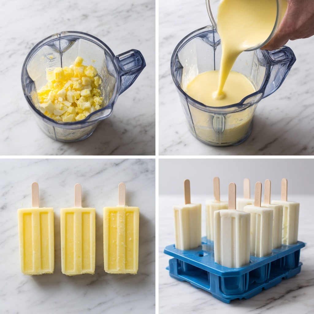 Four images show the process of making a yellow smoothie popsicle. The first image has small yellow and white chunks mixed together inside a clear blender on a white marbled surface. The second image shows the blender filled with a smooth, pale yellow liquid. The third image captures the pouring of the yellow liquid from the blender into tall white popsicle molds, with a woman’s hand visible. The last image shows a blue popsicle mold tray standing on the white marbled surface containing ten popsicles with white sticks ready to freeze. Photo taken with an iphone --ar 4:5 --v 7