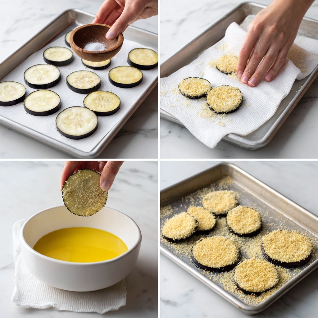 A black air fryer basket holds seven round slices arranged in a loose circular pattern; the slices have a light beige coating of crumbs in the first image, and in the second image, they are golden brown with a crispy, textured surface. In the third image, a woman's hand spoons a thick, red tomato sauce onto five of the golden slices, leaving two slices plain, the sauce spread in a small layer covering most of each slice's top. In the fourth image, shredded white cheese is sprinkled over the tomato sauce on all five slices, creating a textured, piled look with some cheese bits falling outside the sauce edges. The air fryer basket is held just above a white marbled surface with a soft woven light blue cloth partially visible underneath in some images. Photo taken with an iphone --ar 4:5 --v 7