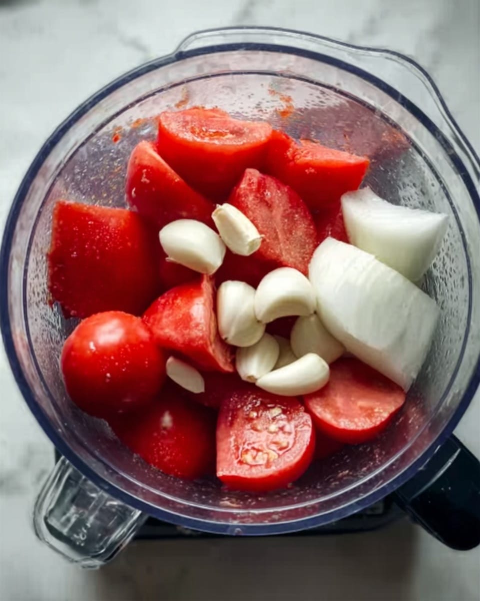 The image shows a clear blender bowl filled with several large pieces of red tomatoes and chunks of white onion around three garlic cloves. The tomatoes are rich red and smooth, placed unevenly on the bottom layer. The onion pieces are white with a papery texture and placed among the tomatoes. The garlic cloves are small and off-white, scattered around the bowl. The setting is a white marbled surface, and a woman's hand can be seen on the side holding the blender handle. Photo taken with an iphone --ar 4:5 --v 7