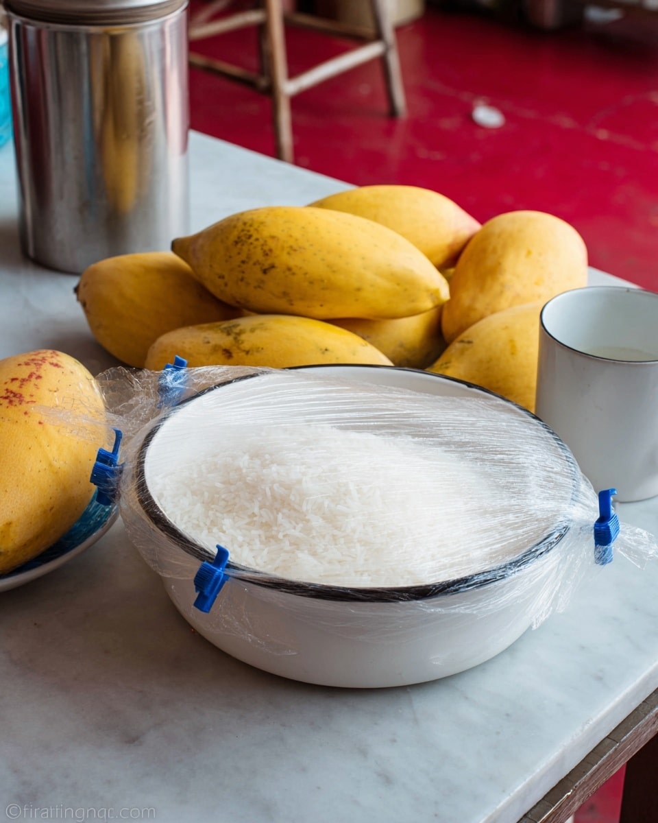 A white bowl with a thin black rim filled with plain white sticky rice is covered by a clear plastic wrap held down by four blue clips, placed on a white marbled surface. Next to the bowl, there is a small pile of whole ripe yellow mangoes with slightly spotted skin. In the background, a silver metal container and a white mug can be seen on a red table surface. The scene shows a simple, fresh food setup photo taken with an iphone --ar 4:5 --v 7