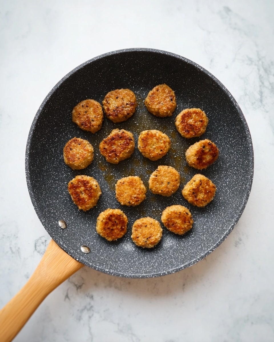 The image shows a dark gray speckled frying pan with a light wooden handle placed on a white marbled surface. Inside the pan, there are sixteen small, round, golden-brown patties arranged in a circle with a few in the middle, all evenly spaced and slightly shiny from cooking oil. The patties have a crispy, browned outer texture with some unevenness, indicating they are lightly fried. Photo taken with an iphone --ar 4:5 --v 7