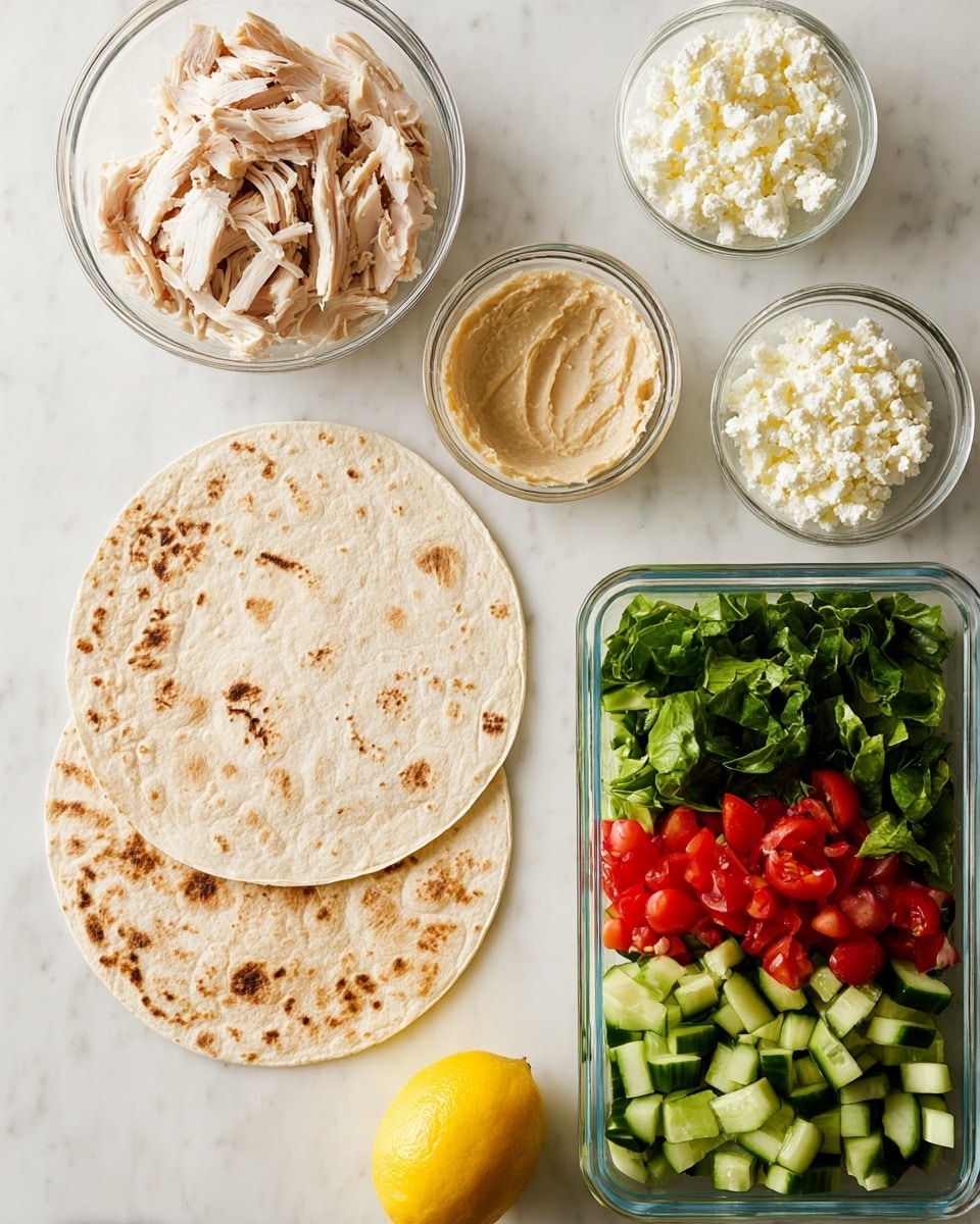 The image shows two white tortillas with brown spots, placed flat on a white marbled surface. Above the tortillas, there is a small glass bowl with sliced cooked chicken or turkey, showing white meat with some browned edges. Next to it is another small glass bowl containing a light beige, creamy spread with a smooth texture. Below the spread is a third small glass bowl filled with crumbled white cheese. To the right, a rectangular clear glass container holds three layers of chopped vegetables: dark green leafy lettuce at the bottom, bright red diced tomatoes in the middle, and light to dark green diced cucumbers at the top. Near the bottom-middle area, a whole yellow lemon sits on the white marbled surface. The overall setup is neat, with each ingredient clearly separated. photo taken with an iphone --ar 4:5 --v 7