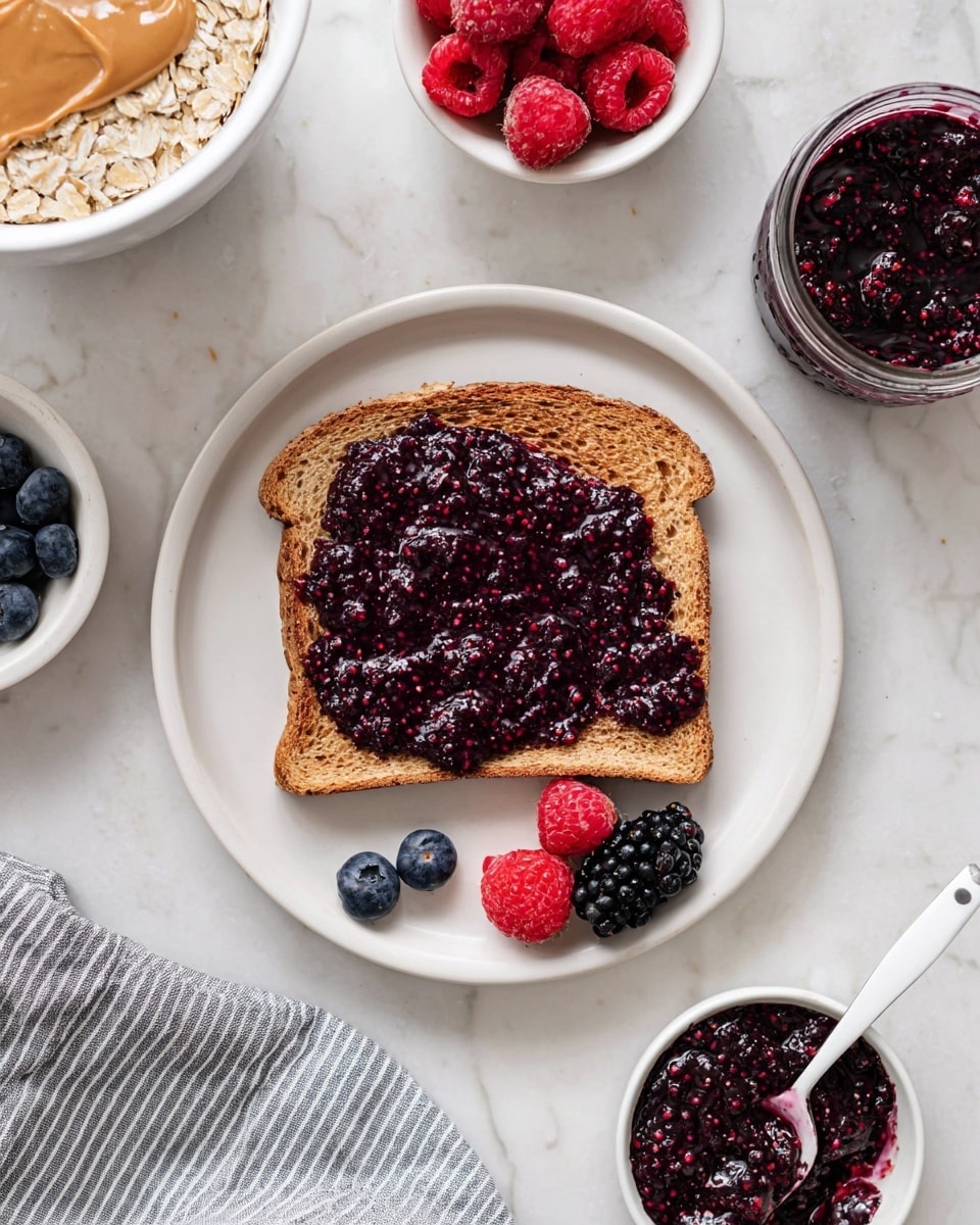 A piece of toasted brown bread on a white plate is spread with a thick, dark purple berry jam that has a slightly chunky texture. Near the bottom edge of the plate, three fresh berries—a red raspberry, a blue blueberry, and a black blackberry—sit side by side. Surrounding the plate are three small white bowls: one filled with vibrant red raspberries, one with blackberries, and one holding more dark purple berry jam with visible seeds and small chunks, accompanied by a white spoon. In the top left corner, a white bowl partially filled with oatmeal topped with peanut butter, the same dark purple jam, and a few blueberries is also partially visible. All items rest on a white marbled surface with a gray-striped cloth in the bottom left corner. photo taken with an iphone --ar 4:5 --v 7