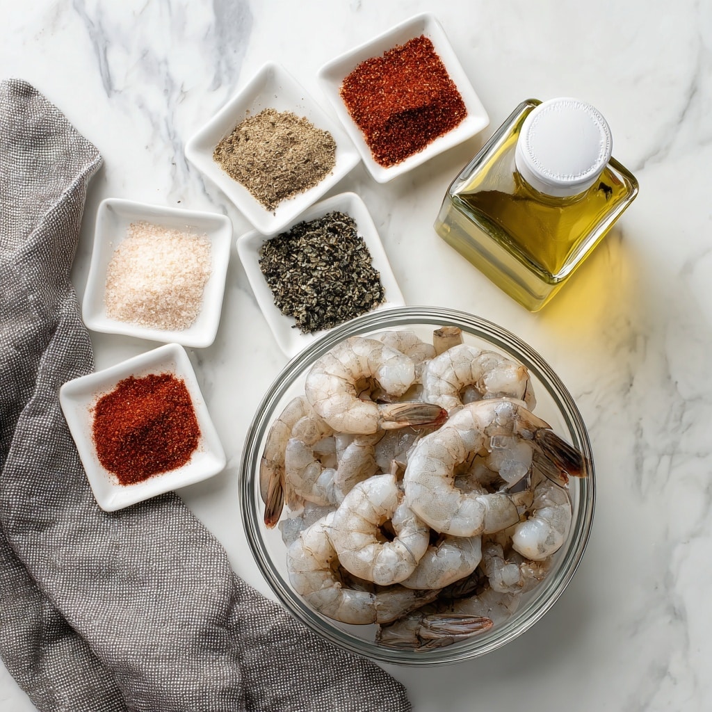 The image shows three main elements on a white marbled surface: a clear glass bowl at the bottom filled with raw shrimp that are pale gray with brownish tails, a white bowl at the top left containing seven different seasonings arranged in small piles with colors ranging from red, black, green, and beige, and a square glass bottle of olive oil with a white cap at the top right. The shrimp bowl sits on a gray cloth partially visible at the bottom left corner. The seasonings are neatly separated, showing textures like powder and flakes, with some being finely ground and others coarser. The photo taken with an iphone --ar 4:5 --v 7
