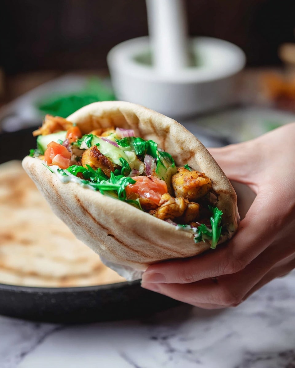 A pita pocket sandwich held by a woman's hand showing a soft, light brown pita bread with a slight toasted pattern. Inside, there are layers of golden fried pieces, bright green leafy herbs, and small chunks of red tomatoes mixed with green cucumber bits. The sandwich looks full and fresh, with the ingredients spilling slightly from the open top of the pita. In the background, a white mortar and pestle sit blurred out on a white marbled surface with another pita on a dark pan below. Photo taken with an iphone --ar 4:5 --v 7