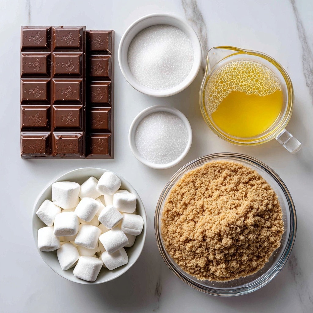 The image shows five different ingredients placed on a white marbled surface, arranged neatly. On the left, there are three large rectangular chocolate bars with a pattern on each square. To the right of the chocolate bars is a small white bowl filled with white granulated sugar. Above that, there is a clear glass measuring cup holding melted yellow butter with visible bubbles. Below the sugar bowl, there is a medium white bowl filled with small white marshmallows. Finally, on the right side of the image, there is a large clear glass bowl containing light brown graham cracker crumbs mixed with salt, showing a grainy texture. The setup is clean and well organized, ready for dessert preparation photo taken with an iphone --ar 4:5 --v 7