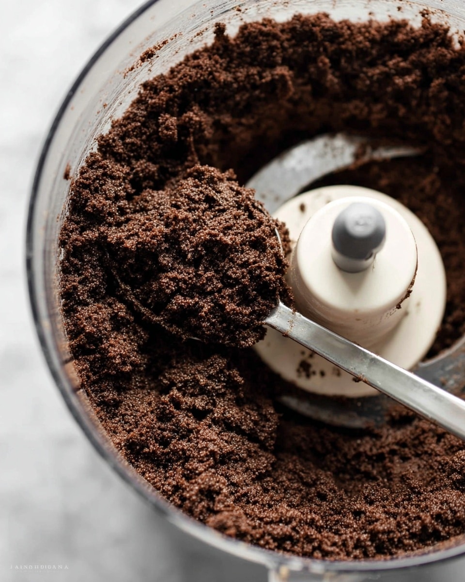 The image shows a close-up of dark brown, crumbly dough inside a clear round food processor bowl with a central plastic or glass tube. The dough looks thick with a coarse texture and is being scooped by a silver metal tablespoon that is partly inside the bowl. The white marbled surface beneath the food processor adds a subtle bright contrast. Photo taken with an iphone --ar 4:5 --v 7
