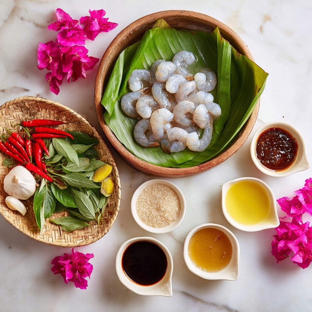 The image shows a natural and fresh cooking setup on a white marbled surface with a large green banana leaf as base. At the top center, a round wooden bowl lined with a banana leaf holds raw seafood including light gray shrimp and pale pink squid pieces with smooth, shiny textures. To the left, a woven basket contains layers of fresh green leaves of holy basil, bright red chilies, whole garlic cloves, dark green peppercorn clusters, and thin slices of pale yellow finger root. On the right, four small white bowls shaped like leaves hold different sauces and sugar: a thick dark brown oyster sauce, clear white granulated sugar, dark soy-like golden mountain sauce, and light brown fish sauce. Bright pink flowers placed at two corners add a vibrant pop of color. Photo taken with an iphone --ar 4:5 --v 7