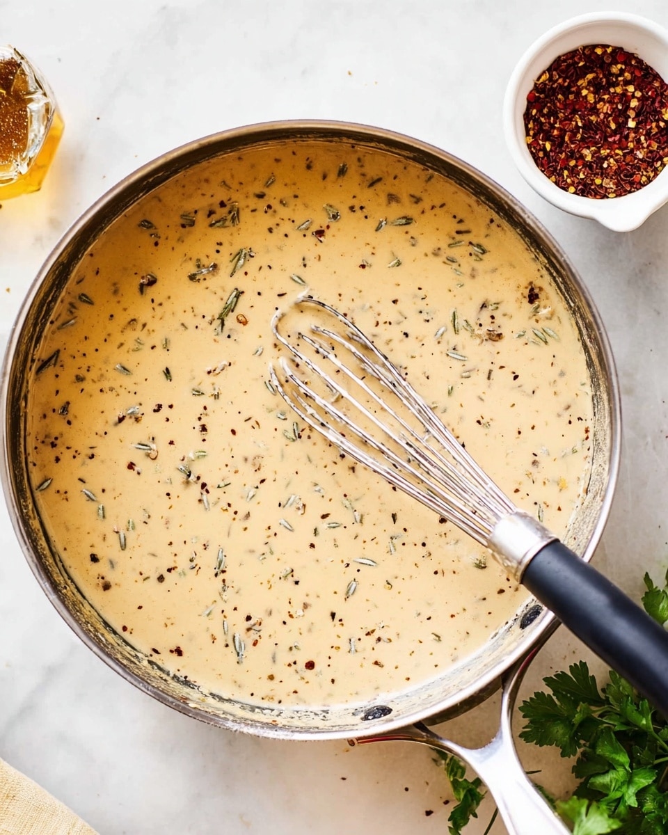 The image shows a round pan filled with a creamy beige sauce speckled with small brown herbs and spices evenly spread throughout. The sauce has a smooth and thick texture, with some small clumps visible, suggesting it is rich and well mixed. Resting inside the pan is a silver whisk with a black handle, partially submerged in the sauce and positioned diagonally from the bottom right to upper left. The pan sits on a white marbled surface, with a small white bowl containing red pepper flakes to the upper right and some green parsley partially visible to the lower left. The scene is brightly lit, emphasizing the creamy sauce’s texture and the clean look of the surface photo taken with an iphone --ar 4:5 --v 7