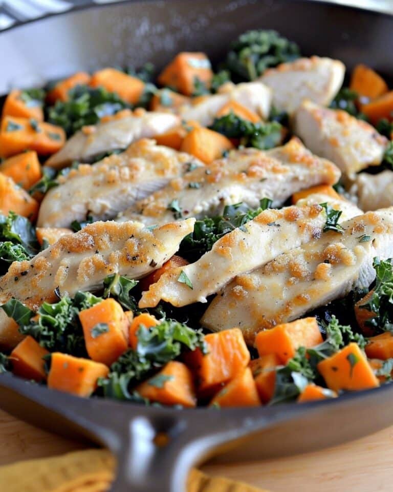 Cheesy Chicken, Kale and Sweet Potato Skillet Meal