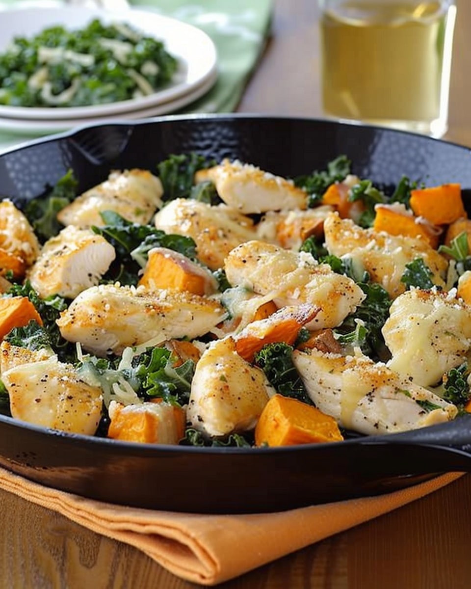 Cheesy Chicken, Kale and Sweet Potato Skillet Meal
