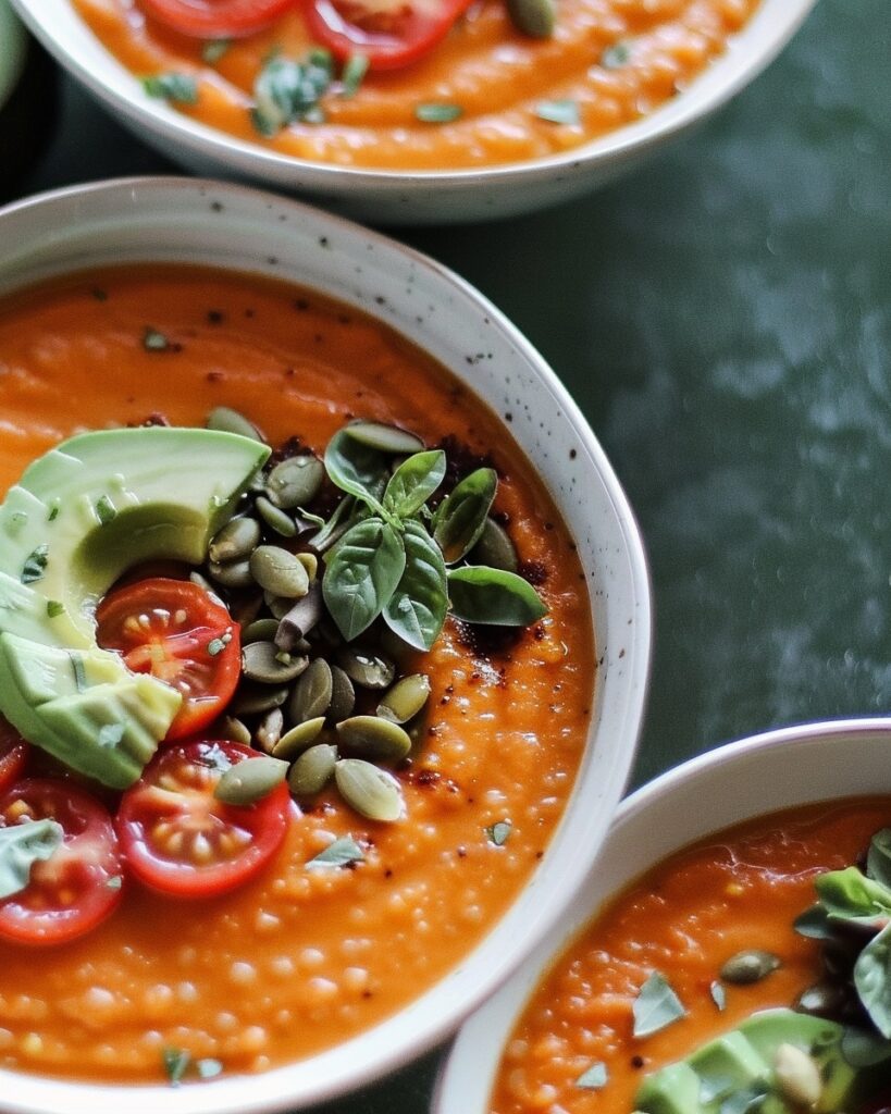 Roasted Tomato & Red Lentil Soup With Spicy Pepitas & Avocado Cream