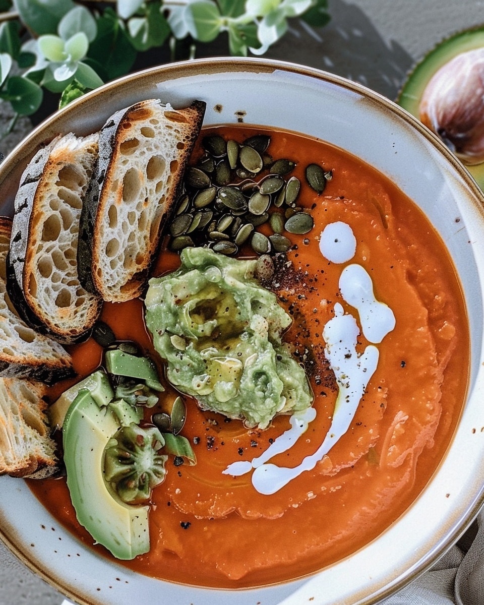 Roasted Tomato & Red Lentil Soup With Spicy Pepitas & Avocado Cream