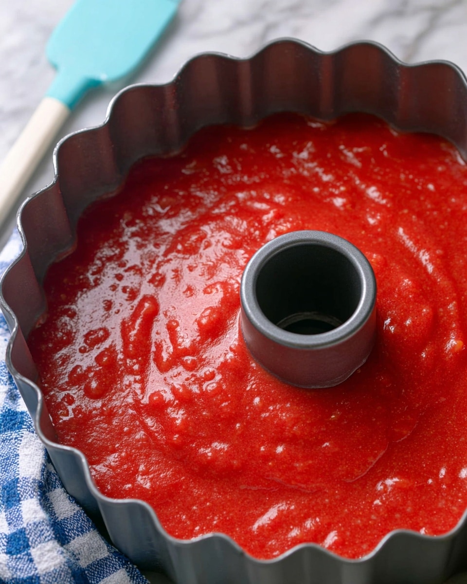 A close-up view of a gray bundt pan filled with smooth, bright red cake batter spread evenly inside. The batter has a thick texture with small bubbles visible on the surface. The pan sits on a white marbled surface, and part of a blue and white checkered cloth is seen on the left along with a light blue spatula next to it. The center hole of the bundt pan is dark gray and contrasts with the red batter. Photo taken with an iphone --ar 4:5 --v 7