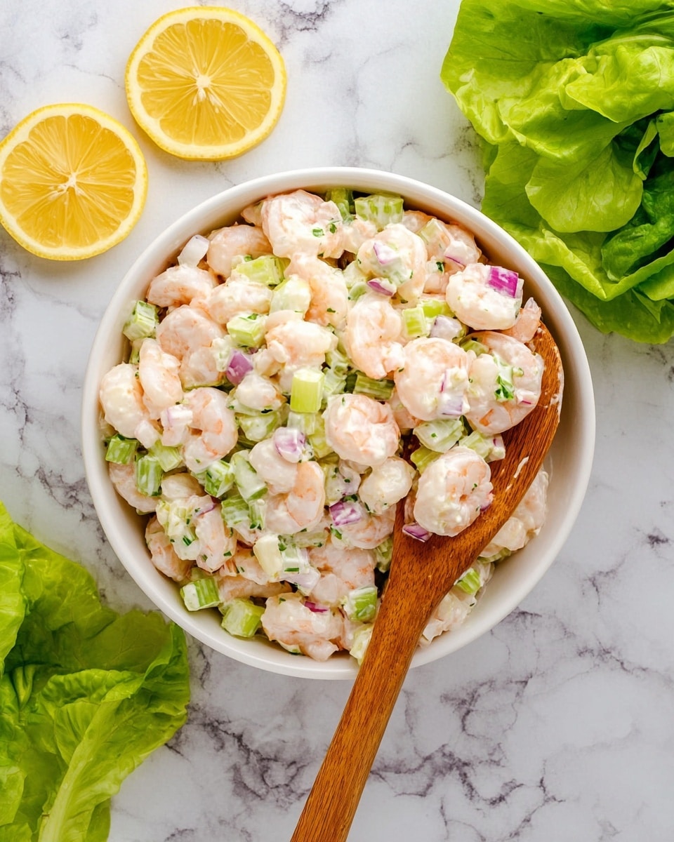 A white bowl filled with a shrimp salad sits on a white marbled surface. The salad has three main layers: small, peeled shrimp that are pale pink and white, chopped light green celery, and small bits of purple-red onion, all mixed with a creamy white dressing. A wooden spoon rests inside the bowl, scooping up some shrimp and celery pieces. To the top left of the bowl, two bright yellow lemon slices lie on the marble, while fresh green lettuce leaves are placed at the top right corner, adding a fresh touch to the scene. Photo taken with an iphone --ar 4:5 --v 7