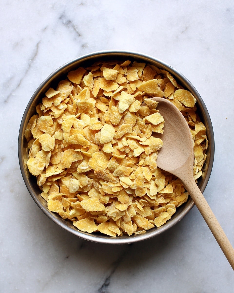 A metal bowl filled with a single layer of broken golden-yellow crackers that are uneven in size and texture, some parts more crushed than others. A wooden spoon with a light natural color is placed in the bowl, resting on top of the crackers. The bowl is set on a white marbled textured surface. Photo taken with an iphone --ar 4:5 --v 7
