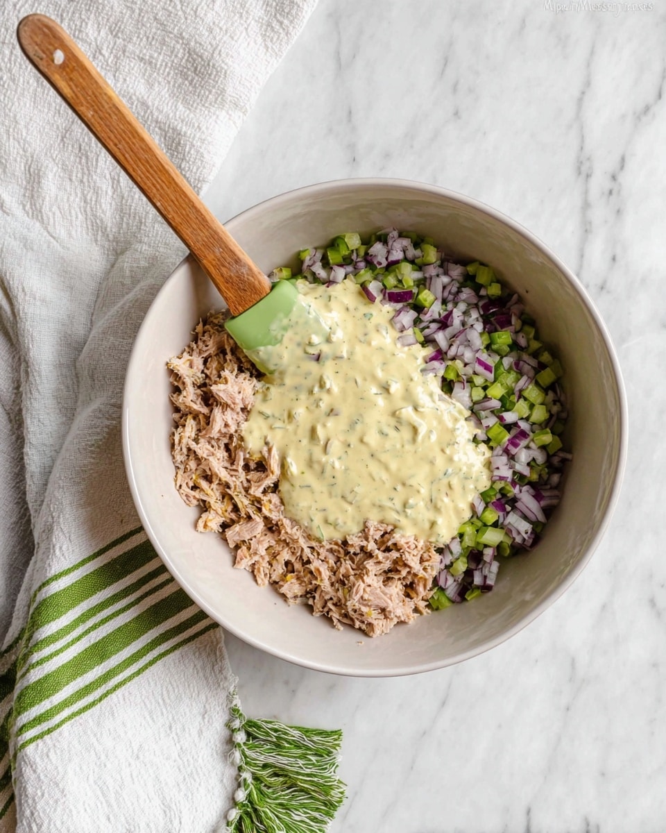 A white bowl sitting on a white marbled surface contains three visible layers. The bottom layer is made of light brown flaky tuna chunks spread evenly. On top of the tuna, there is a layer of small green celery pieces mixed with scattered small purple onion bits, adding a fresh, crunchy texture. Covering half of the bowl, there is a thick, creamy light yellow sauce with visible small green herb specks. A spatula with a wooden handle and a green silicone head rests inside the bowl, partly buried in the sauce. To the left side of the bowl, a white cloth with green stripes and tassels is partially visible. Photo taken with an iphone --ar 4:5 --v 7