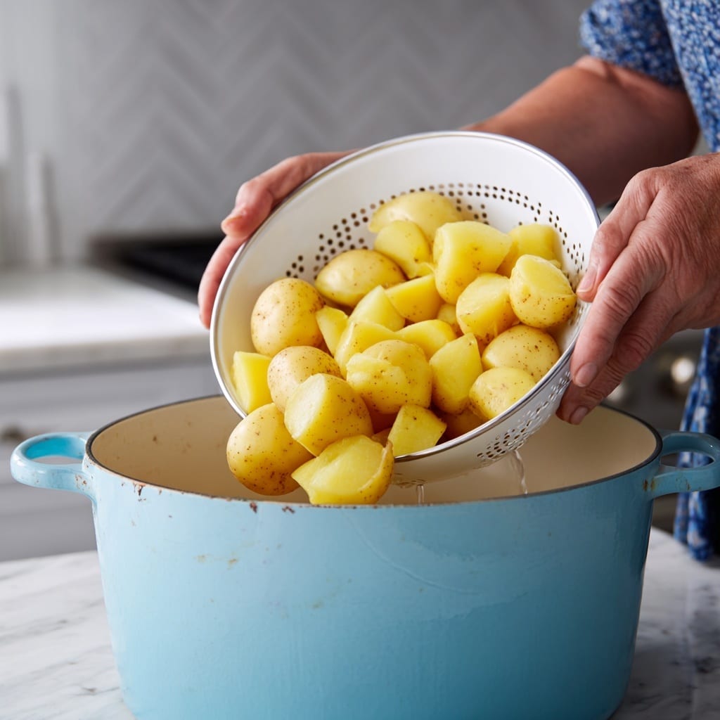A close-up view shows a woman's hands holding a white colander filled with peeled and washed yellow potatoes, pouring them into a large light blue pot on a stove. The pot has visible wear near the base with some discoloration. The background features a white marbled countertop and the corner of a stainless steel backsplash. The potatoes are cut into medium-sized chunks, filling the colander, while the woman's hands grip the colander handles firmly, one on each side. Photo taken with an iphone --ar 4:5 --v 7