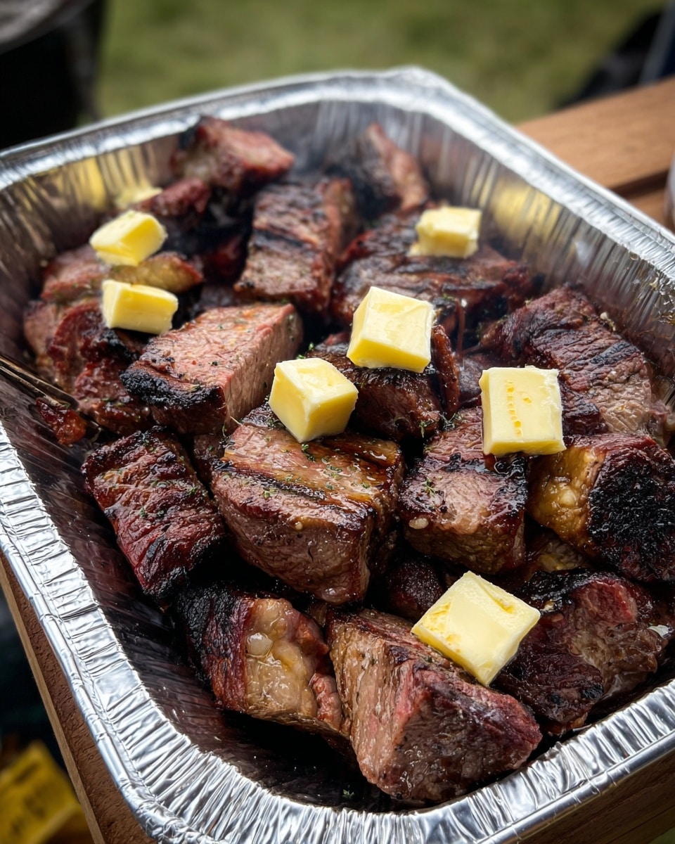 A silver foil tray filled with several thick chunks of grilled meat, showing a mix of brown cooked surfaces and dark charred edges, scattered unevenly within the tray. On top of the meat pieces, there are small square pats of yellow butter placed randomly, some starting to melt slightly. The background shows a hint of green grass and outdoor setting, but the main focus is the tray and the cooked meat inside it. photo taken with an iphone --ar 4:5 --v 7