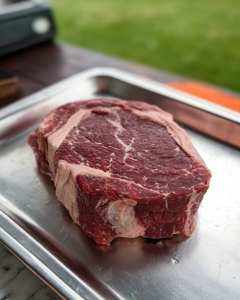A thick, raw steak with a deep red color and white marbling sits on a silver tray. The steak shows layers of reddish meat separated by thin white fat lines. The surrounding area near the edges has thicker white fat, especially on one side. The silver tray reflects light softly and is placed on a white marbled surface, with a blurry green lawn and a dark wooden table in the background. The image is focused on the steak, capturing its texture and color contrast clearly photo taken with an iphone --ar 4:5 --v 7