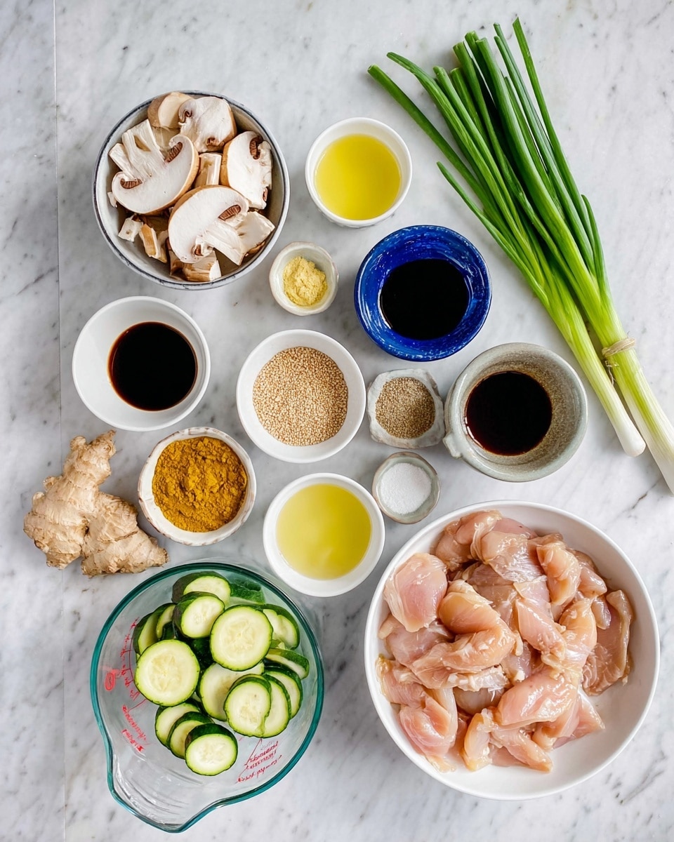 The image shows various fresh ingredients laid out on a white marbled surface in bowls and measuring cups. There is a large white bowl filled with light pink raw sliced chicken pieces, positioned bottom right. Nearby is a bunch of fresh green onions with long green stalks and white bulbs. A clear measuring cup holds sliced green zucchini pieces on the bottom left. Above it, a clear bowl contains sliced white mushrooms. Two white small bowls near the top hold pale yellow liquids. In the middle are blue bowls containing sesame seeds, brown sugar, a yellow powder, and white powder. A whole garlic bulb and fresh ginger root rest between these bowls. Two white cups hold dark liquid sauces near the middle, and a clear measuring cup with light yellow liquid is toward the left. The arrangement is neat and clean, showing bright natural colors. Photo taken with an iphone --ar 4:5 --v 7