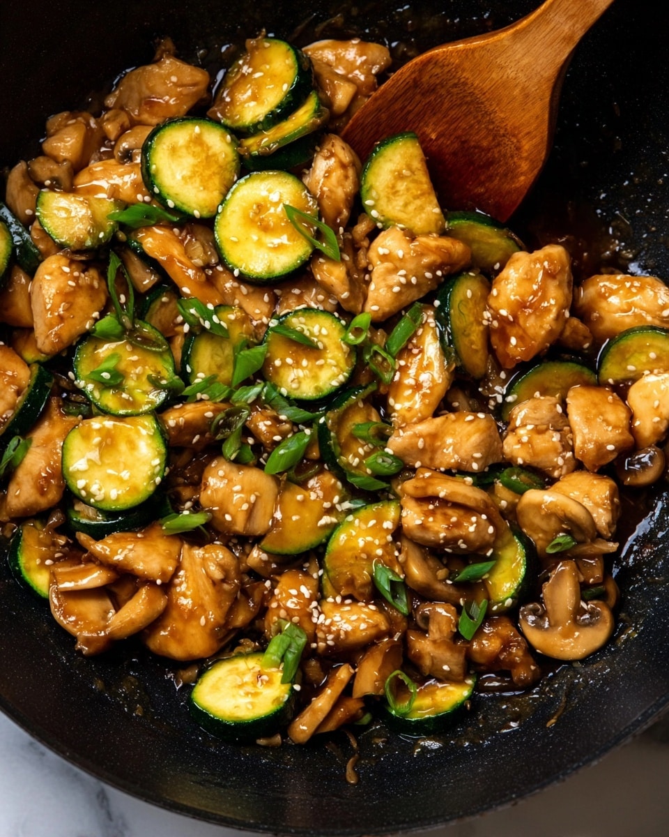 A close-up view of a dark pan filled with a stir-fry dish that has three main layers: the bottom layer is a shiny, dark surface of the pan, the middle layer is made up of golden brown pieces of cooked chicken and light brown sautéed mushrooms, and the top layer consists of bright green zucchini slices and chopped green onion rings. The dish is sprinkled with small white sesame seeds. A wooden spoon is partially visible in the pan, coated with the same warm-colored sauce that glazes the ingredients. The whole scene sits on a white marbled texture surface. photo taken with an iphone --ar 4:5 --v 7
