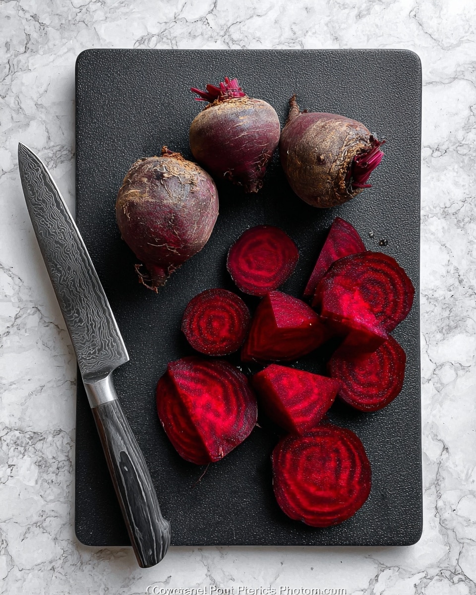 The image shows a black cutting board placed on a white marbled surface. On the board, there are three whole beets with a rough, dark red-brown skin and a small rough top, along with several sliced pieces of beet. The cut beet pieces show a deep red color with clear circular patterns. A large kitchen knife with a dark handle rests to the left side of the beets on the cutting board. The scene is simple and focused on the fresh beets and the knife. photo taken with an iphone --ar 4:5 --v 7