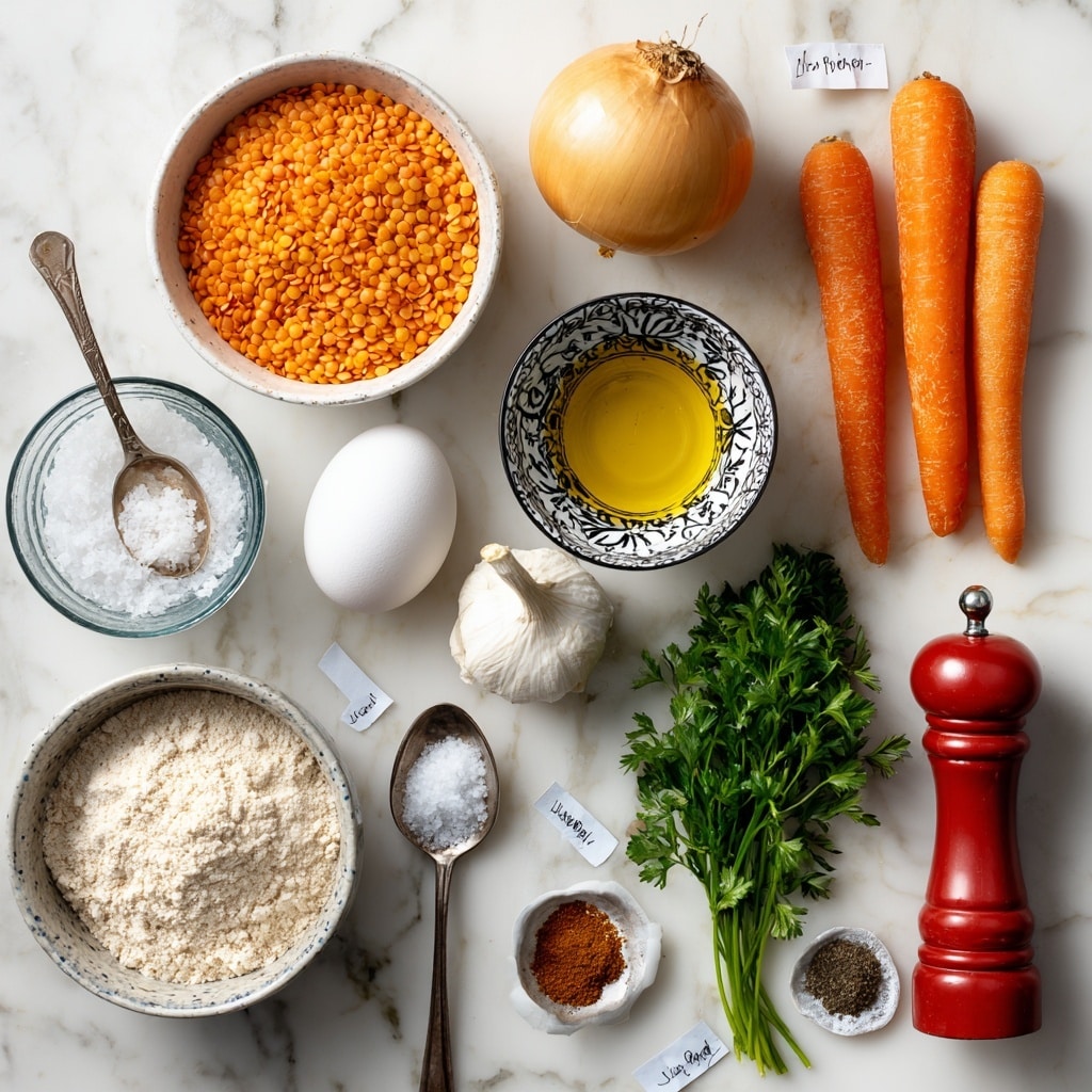 The image shows individual cooking ingredients laid out on a white marbled surface, each labeled with white tags and black text. Starting from the top left, a white bowl holds orange lentils with a rough texture and flat top. Next to it is a whole yellow onion with smooth skin, round and placed slightly right and down. To the right is a small white bowl with a delicate black pattern holding golden olive oil with a shiny, liquid surface. Below the lentils is a single white egg with a smooth, oval shape, and at its right is a whole garlic bulb with pale, papery skin and a rough texture. Moving further right, two orange carrots with textured skin lie side by side. Below the egg is a bunch of fresh green parsley with leafy textures and visible stems. To the right lies a bright red pepper grinder, long and cylindrical with a shiny surface. Below the parsley is a silver spoon holding white salt crystals. Below the garlic bulb and near the bottom center is a clear glass bowl filled with light beige flour, smooth and powdery. To the right of it is a small white bowl with the same black pattern as the olive oil bowl, filled with dark brown cumin powder. Below the salt is a tiny white spoon containing bright orange turmeric powder with a fine texture. All items rest on the white marbled surface with natural light and soft shadows. Photo taken with an iphone --ar 4:5 --v 7